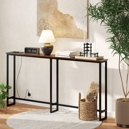 Industrial Style Console Table with Charging Station, in Wood and Steel, 160x20x80 cm, Brown