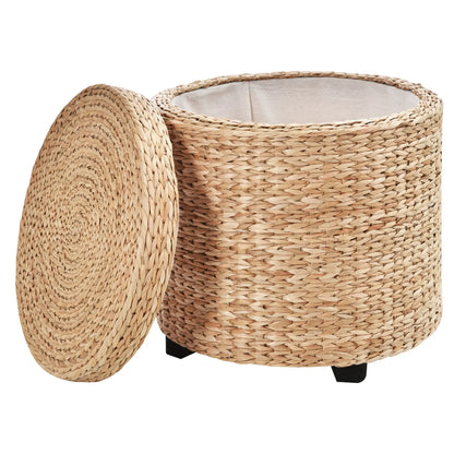 Boho Style Round Storage Ottoman with Natural Upholstery, Coffee Table Ø43x43cm, Khaki