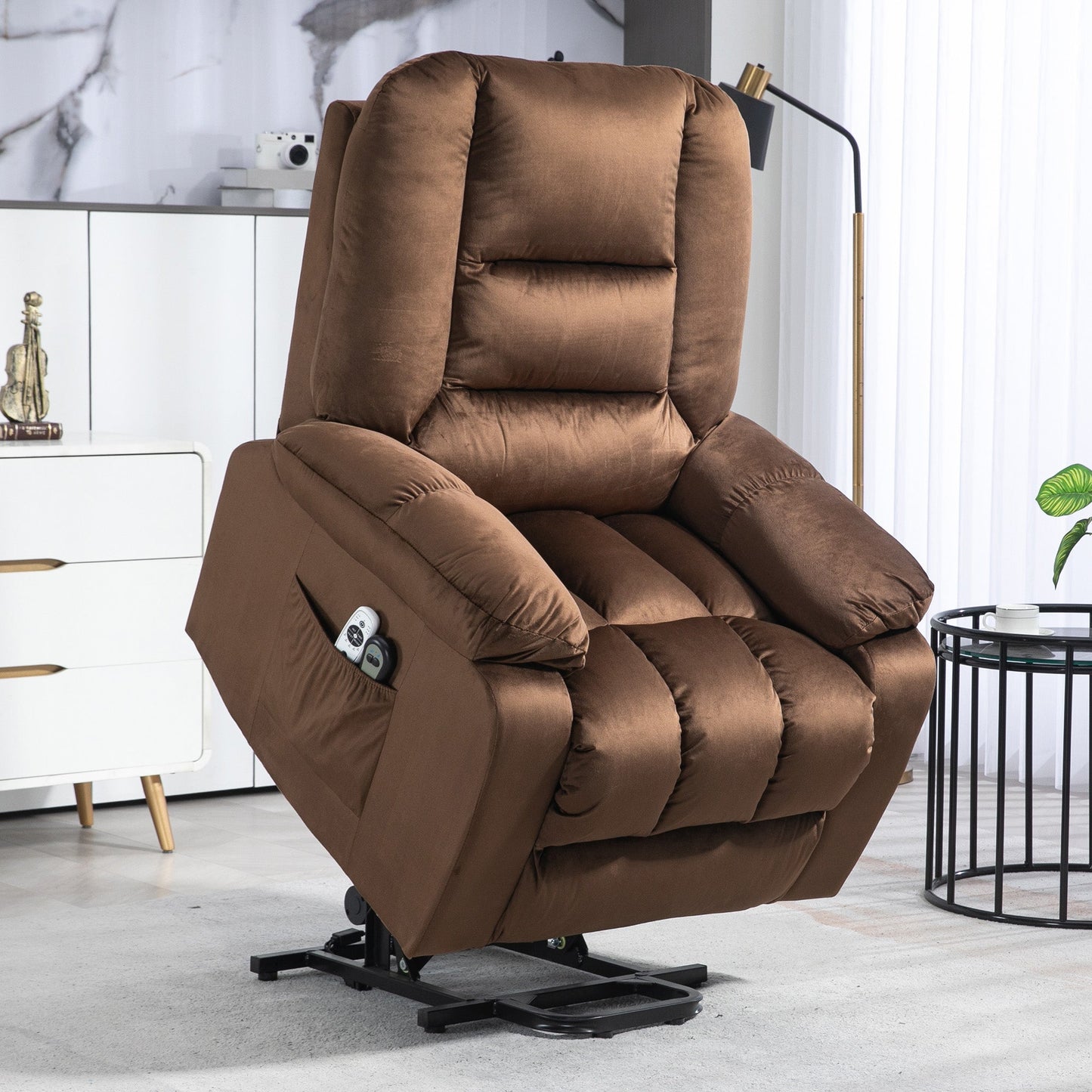Lift Reclining Relax Chair, Massage and Heated in Velvet, Brown