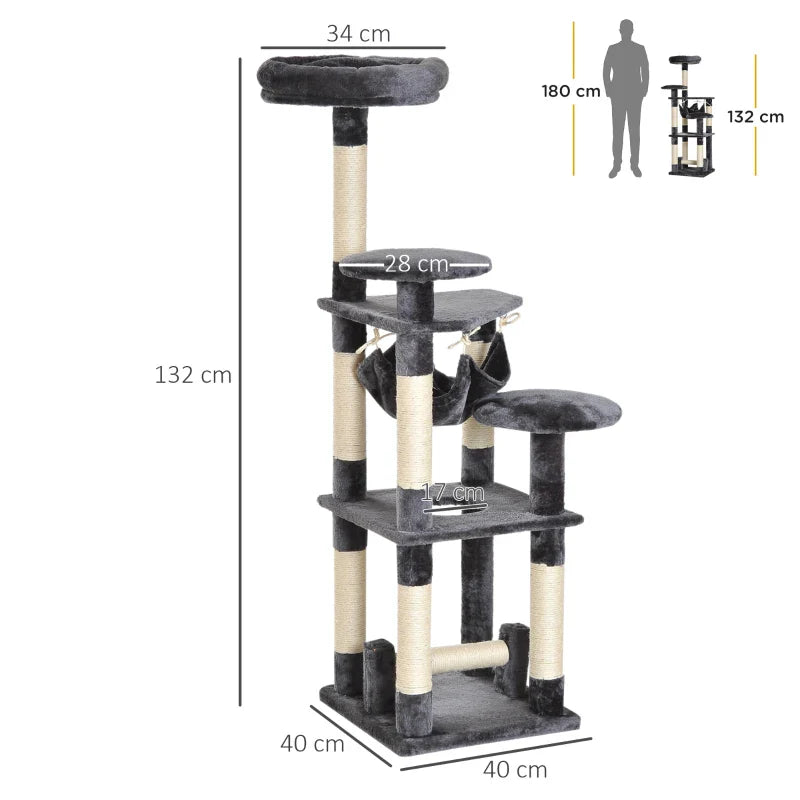 4-Tier Cat Tree with Hammock, Natural Sisal Plush Platforms, 132cm Height, Grey 4.8 (25)