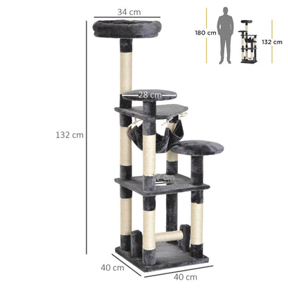 4-Tier Cat Tree with Hammock, Natural Sisal Plush Platforms, 132cm Height, Grey 4.8 (25)