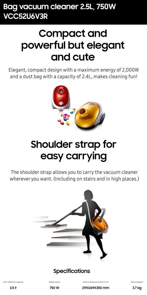 700w, corded bagged, vacuum cleaner, Samsung VCC52U6V3R