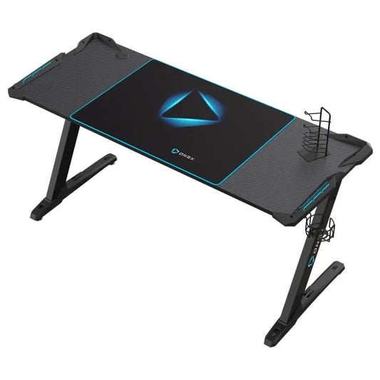 Gaming Desk, RGB LED Lighting, Cup-Holder, Headset Hook, Black/Blue, ONEX GD1600Z