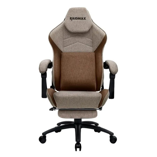 Gaming Chair, Fabric, Up to 150kg, Linkage Armrests, Footrest, 180deg Tilting, Head & Lumbar support, Rocking function, Brown