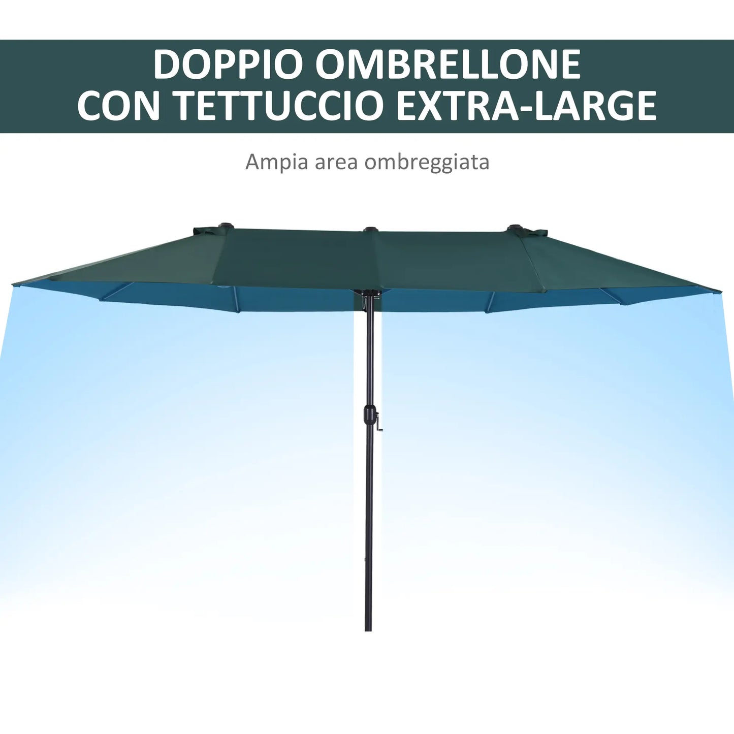 Double Garden Umbrella with Crank Opening, in Steel and Polyester, 455x265x238cm, Dark Green