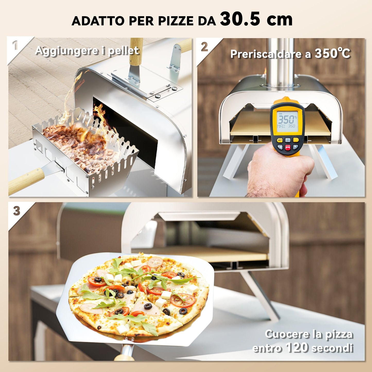 Wood Pellet Pizza Oven with Refractory Stone and Shovel, Stainless Steel, 79x36x75 cm, Silver