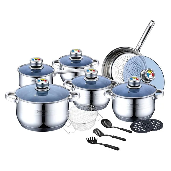 18 pcs, cookware set, silver, thermo knob, blue glass lids, cookware set, ROYALTYLINE 1801B-SV