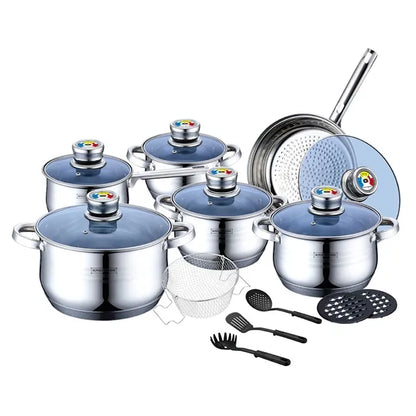 18 pcs, cookware set, silver, thermo knob, blue glass lids, cookware set, ROYALTYLINE 1801B-SV