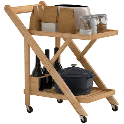 2-Tier Folding Kitchen Trolley with Bamboo Bottle Holder