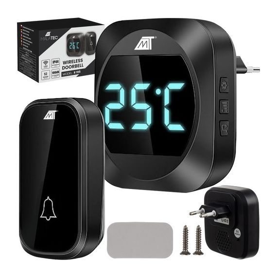 Wireless Doorbell with Temperature Display, LCD, Black