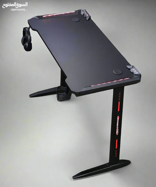 Gaming Desk, RGB LED Lighting, Cup-Holder, Headset Hook, Steel table frame, Carbon Fiber Texture top 18mm thick, Black/Red