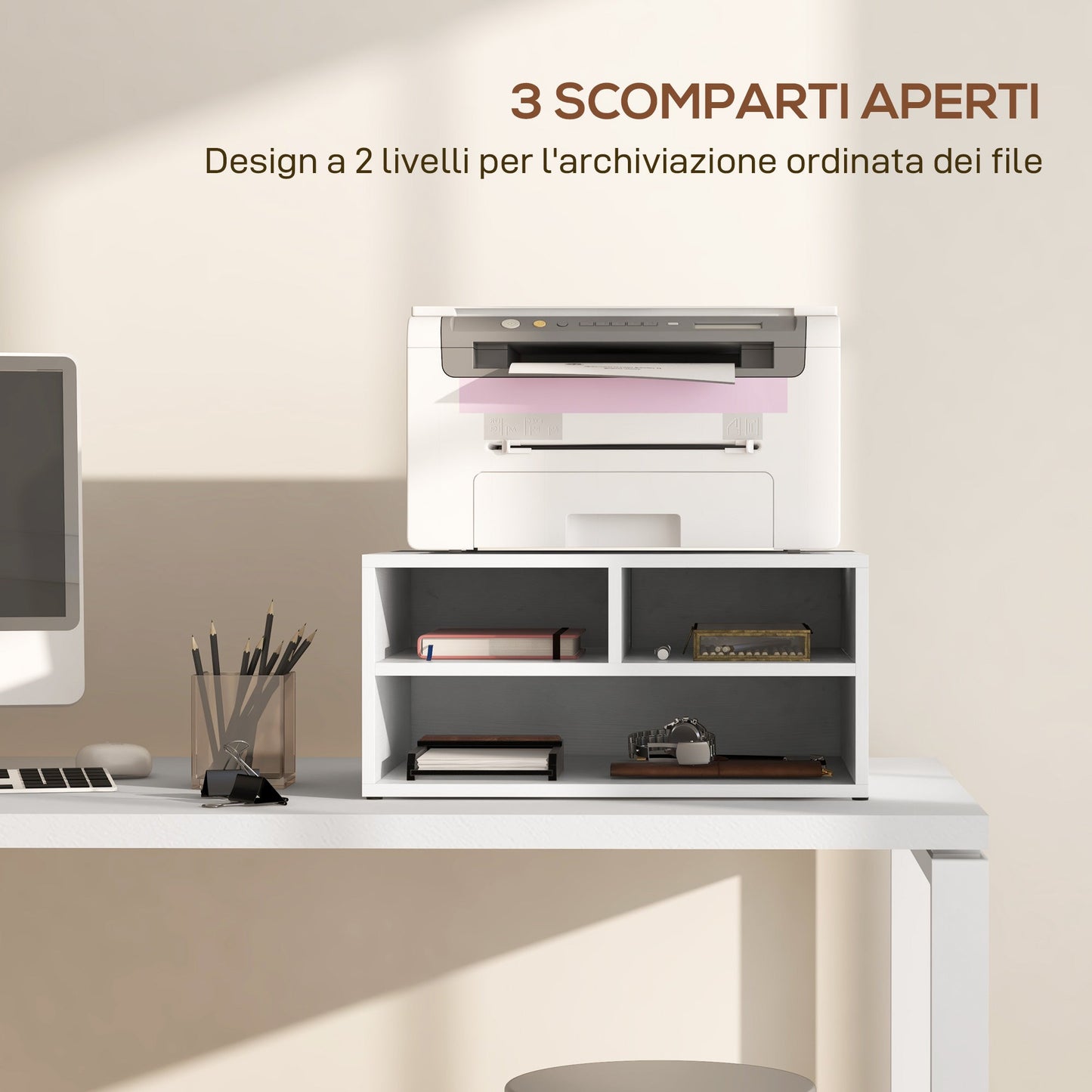 Office Printer Stand with 3 Open Shelves, 2 Levels, 47 x 40 x 22.5 cm, White