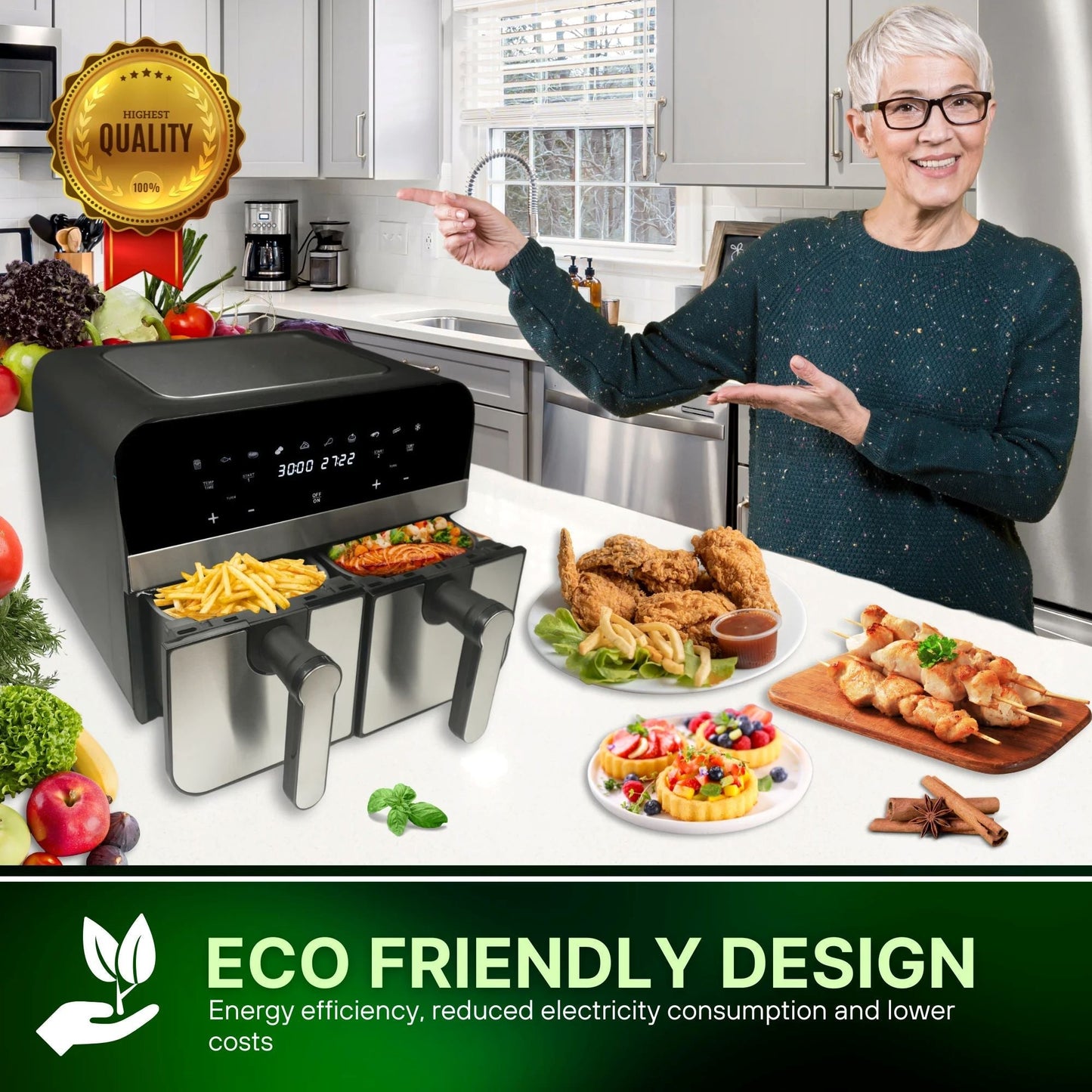 9LT, Double Basket Air Fryer, 2400W, Comfy Nest