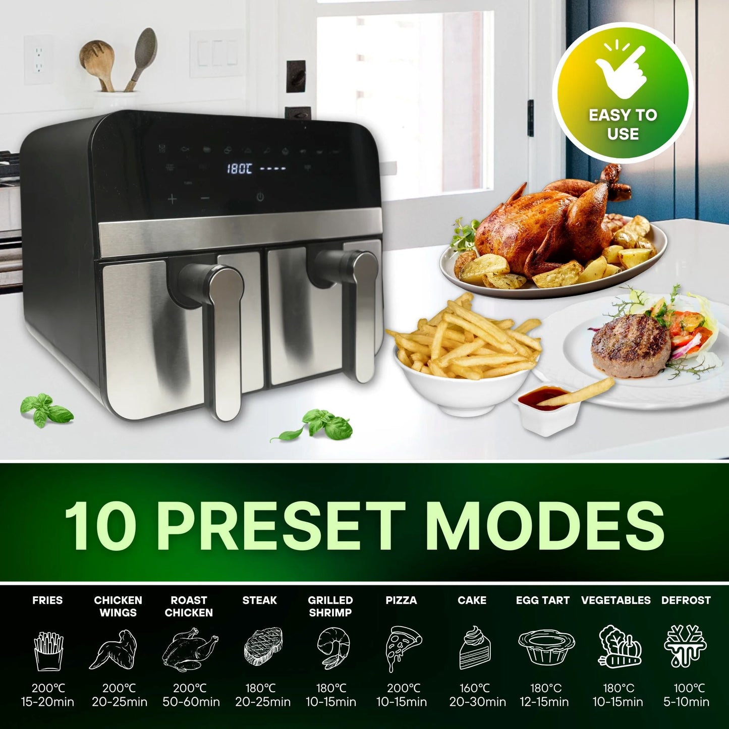 9LT, Double Basket Air Fryer, 2400W, Comfy Nest