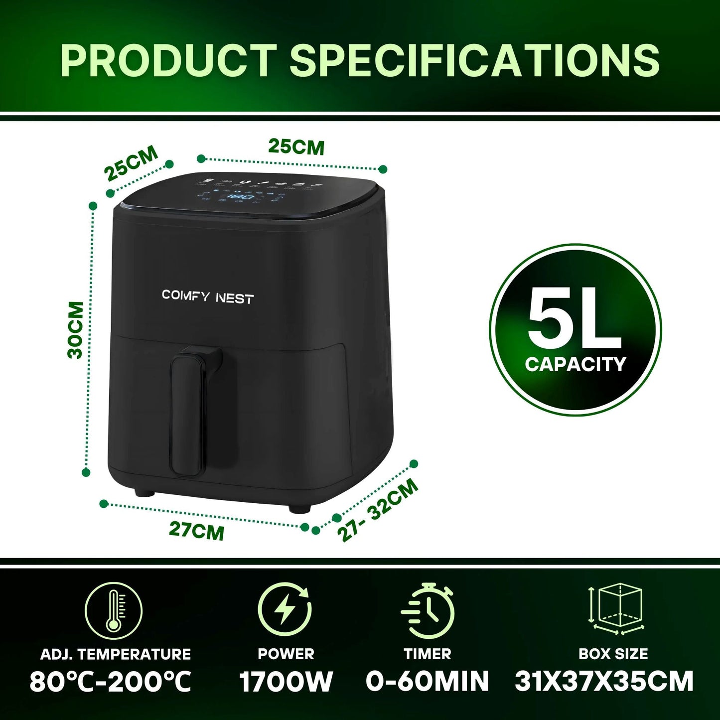 5lt, digital air fryer, 1400w, Comfy Nest CN-06191