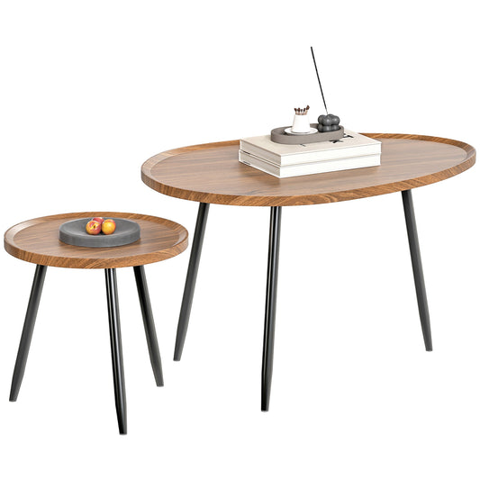 Set of 2 Nesting Coffee Tables in Wood and Metal, Dark Wood Color