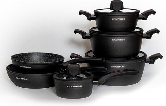 10 pcs, Cookware Set, Marble-coated, Induction-ready, Black, ROYALTYLINE