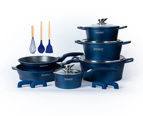 17 pcs, Cookware Set, Marble-coated, Induction-ready, Dark, Blue, ROYALTYLINE