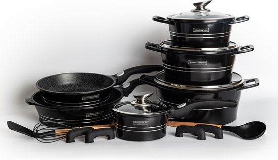 14 pcs, cookware set, black, removeable handle, marble coated, glass lids, ROYALTYLINE ES2014M-BK