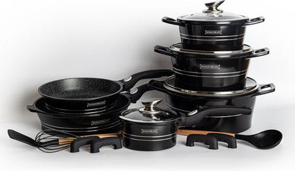 14 pcs, cookware set, black, removeable handle, marble coated, glass lids, ROYALTYLINE ES2014M-BK
