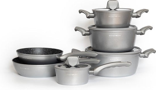 10 pcs, Cookware Set, Marble-coated, Induction-ready, Silver, ROYALTYLINE