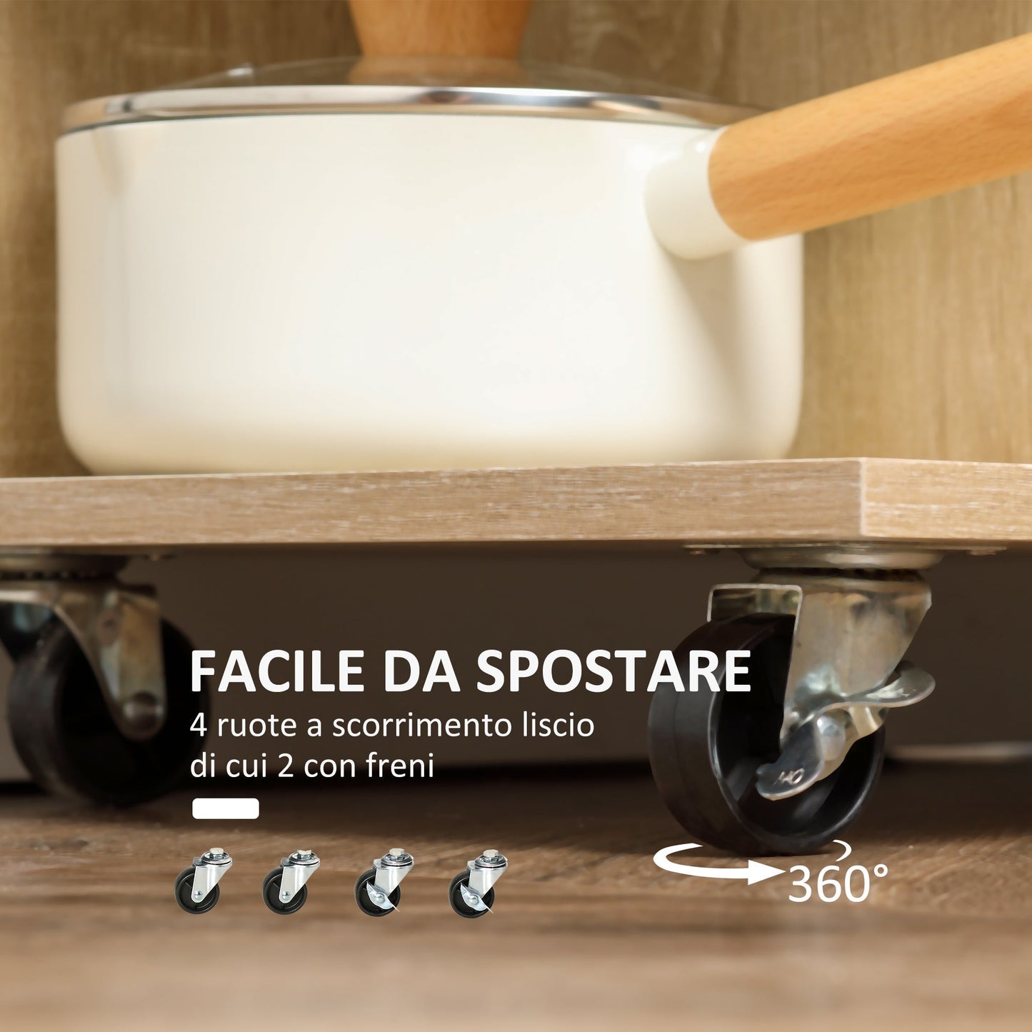 Kitchen Trolley Food Cart with Drawer, Shelves and Cabinet in Wood, Steel and Glass, 65x39x80cm