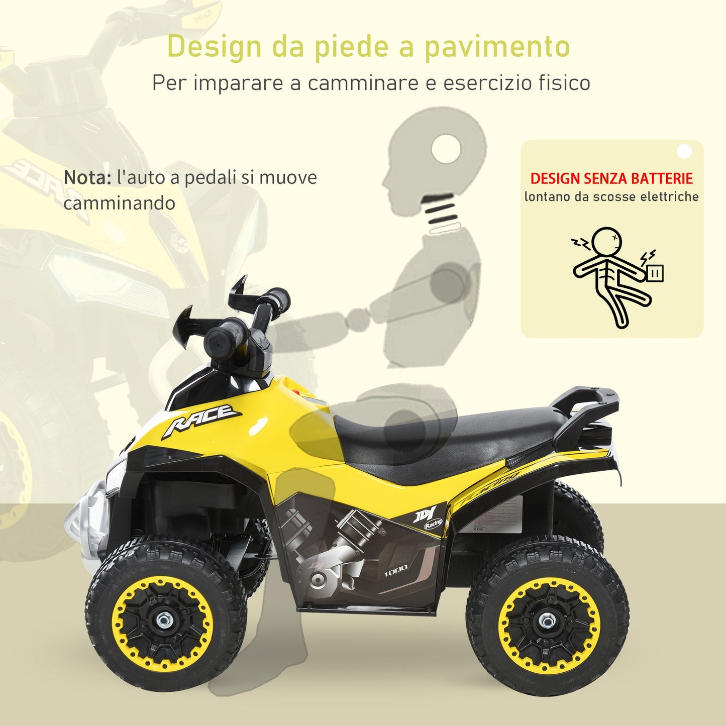 Quad for Children 18-36 Months Manual Push with Integrated Sounds, in PP and Metal, 44x67.5x38 cm, Yellow