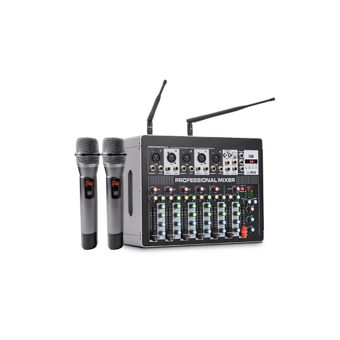 Professional, 7 channel mixer with wireless microphones