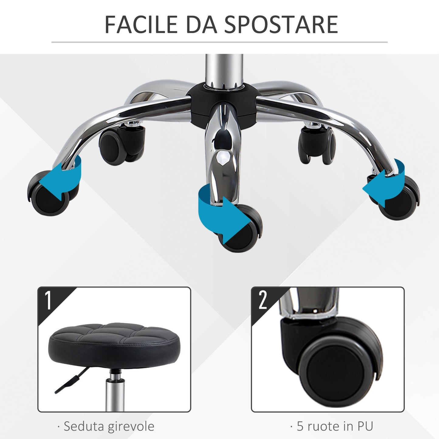 Black Beauty / Tattoo Round Swivel Stool with Wheels, Adjustable Height and Eco Leather Cover, Black
