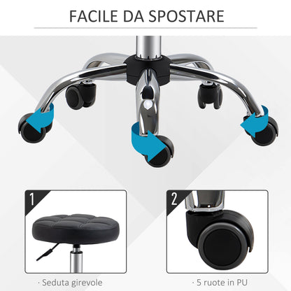 Black Beauty / Tattoo Round Swivel Stool with Wheels, Adjustable Height and Eco Leather Cover, Black