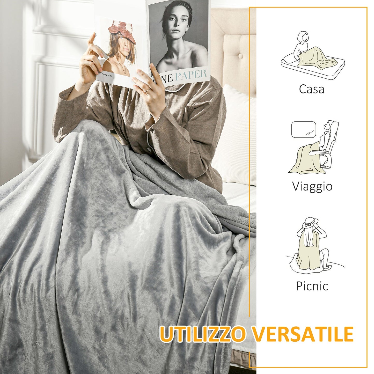 Grey 330 GSM Reversible Flannel Blanket for Indoor and Outdoor Use, 203x152x0.5 cm, Grey