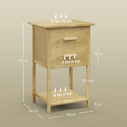 Set of 2 Nordic Style Bedside Tables with 2 Drawers and Lower Shelf, Bamboo, 40x34x60 cm