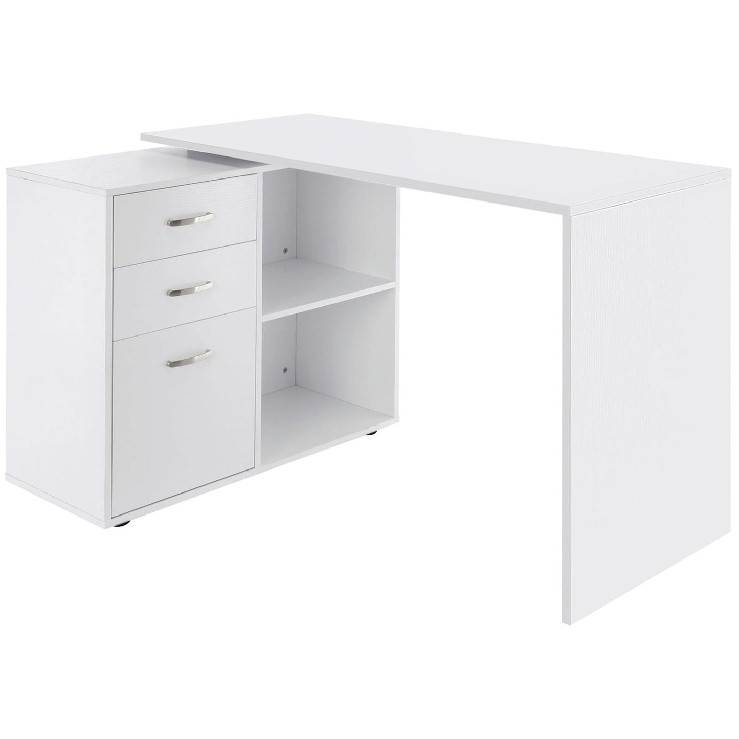 Corner PC Desk with 2 Drawers and Open Shelves, L-Shaped Corner Desk in Wood and Metal, 117x83. 5x76 cm, White