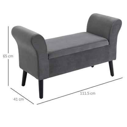 Velvet Fabric Upholstered Storage Bench for Bedroom with Armrests, 111.5x41x65cm - Grey