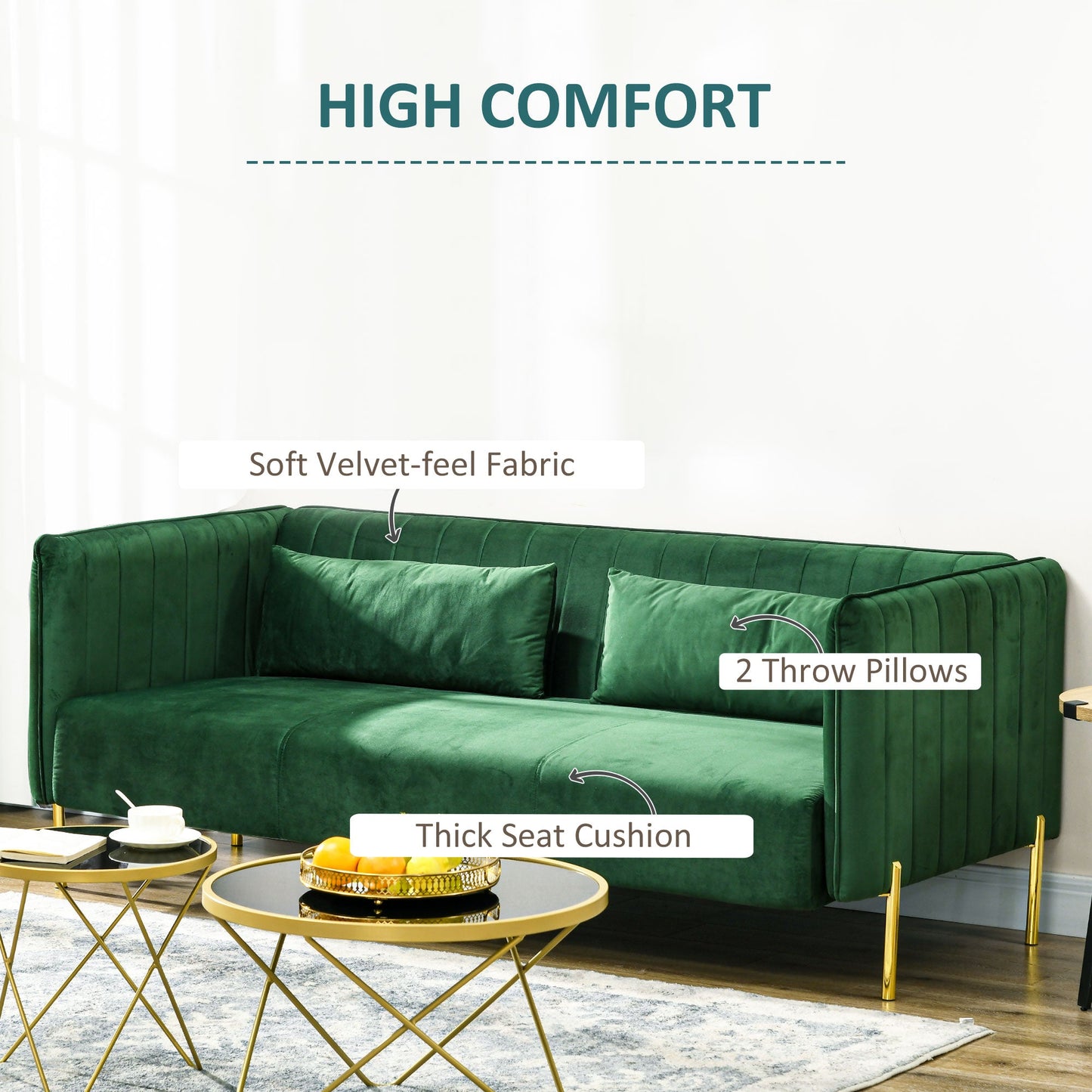 DELUX | Modern 3 Seater Sofa with Padded Cushions, Steel Legs and Velvet Fabric, 200x88x76 cm, Green