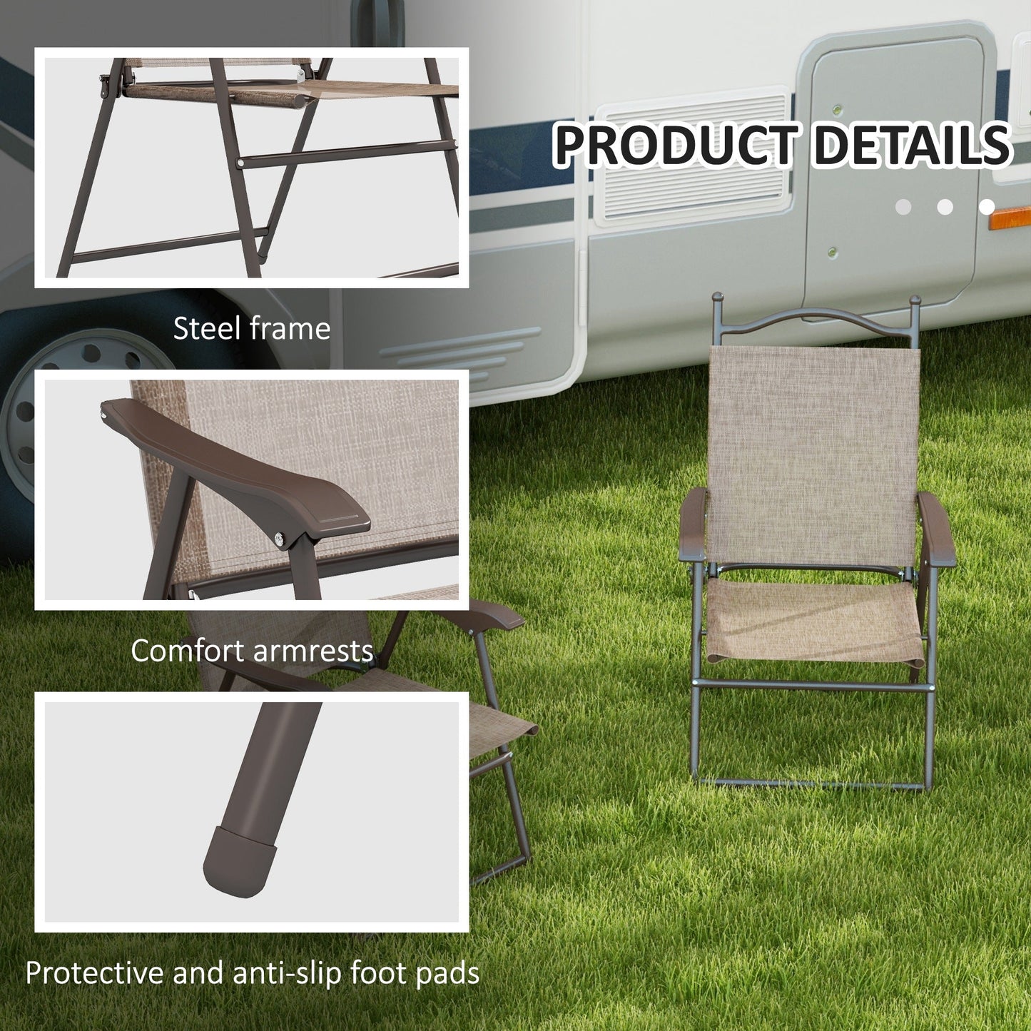 Set of 2 Folding Garden Chairs with Armrests and Breathable Fabric Seat, Brown