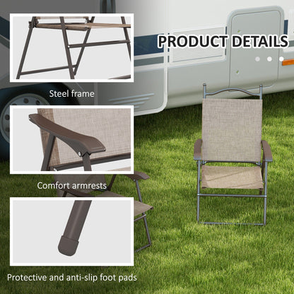 Set of 2 Folding Garden Chairs with Armrests and Breathable Fabric Seat, Brown