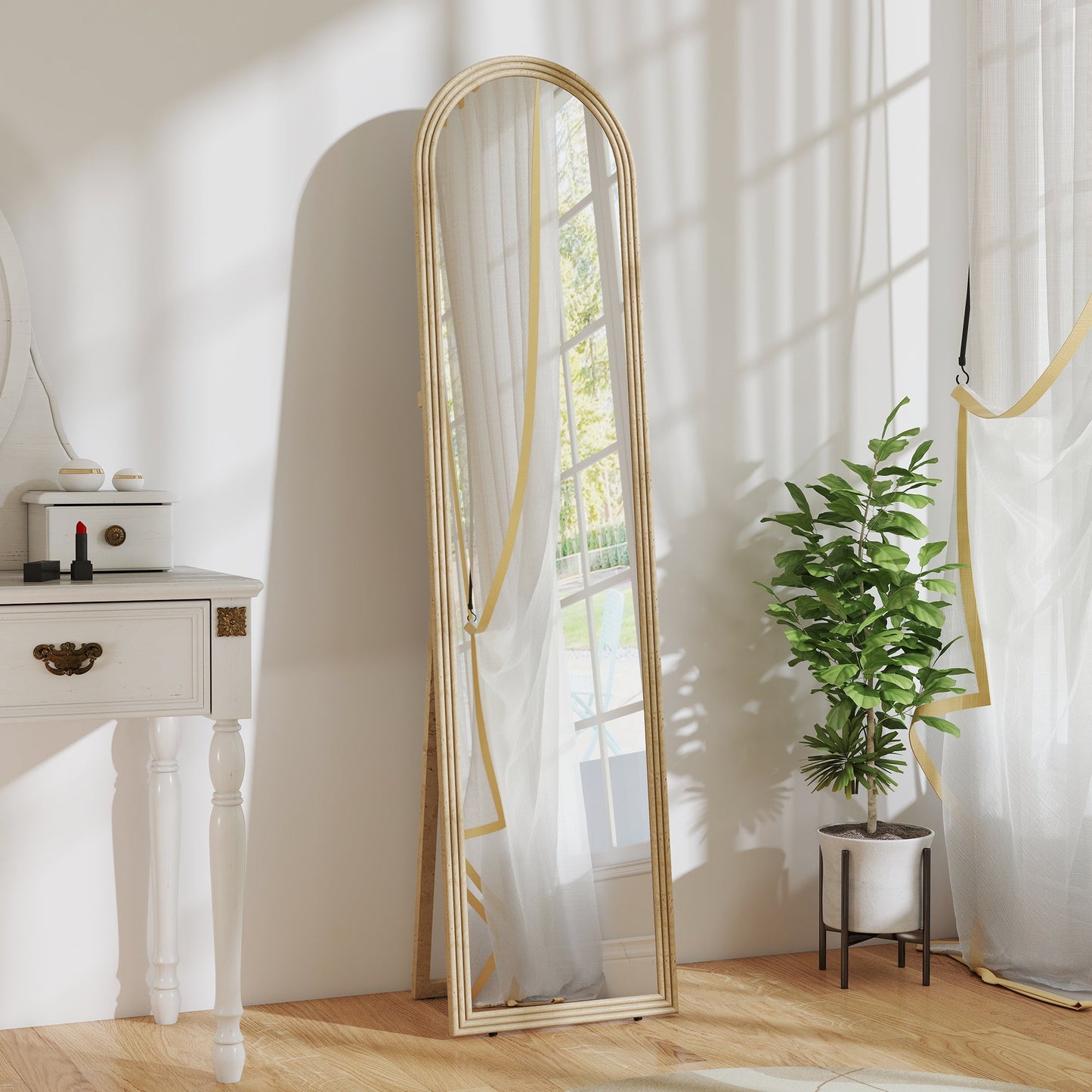 Full-Length Floor and Wall Mirror with Easel, Stone Effect and Arch Shape, 40x160 cm, Beige