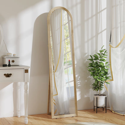 Full-Length Floor and Wall Mirror with Easel, Stone Effect and Arch Shape, 40x160 cm, Beige