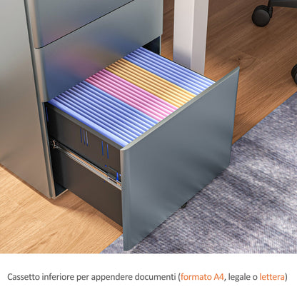 Office Drawer Unit 3 Steel Drawers with Lock and Wheels, 39x48x59cm, Grey