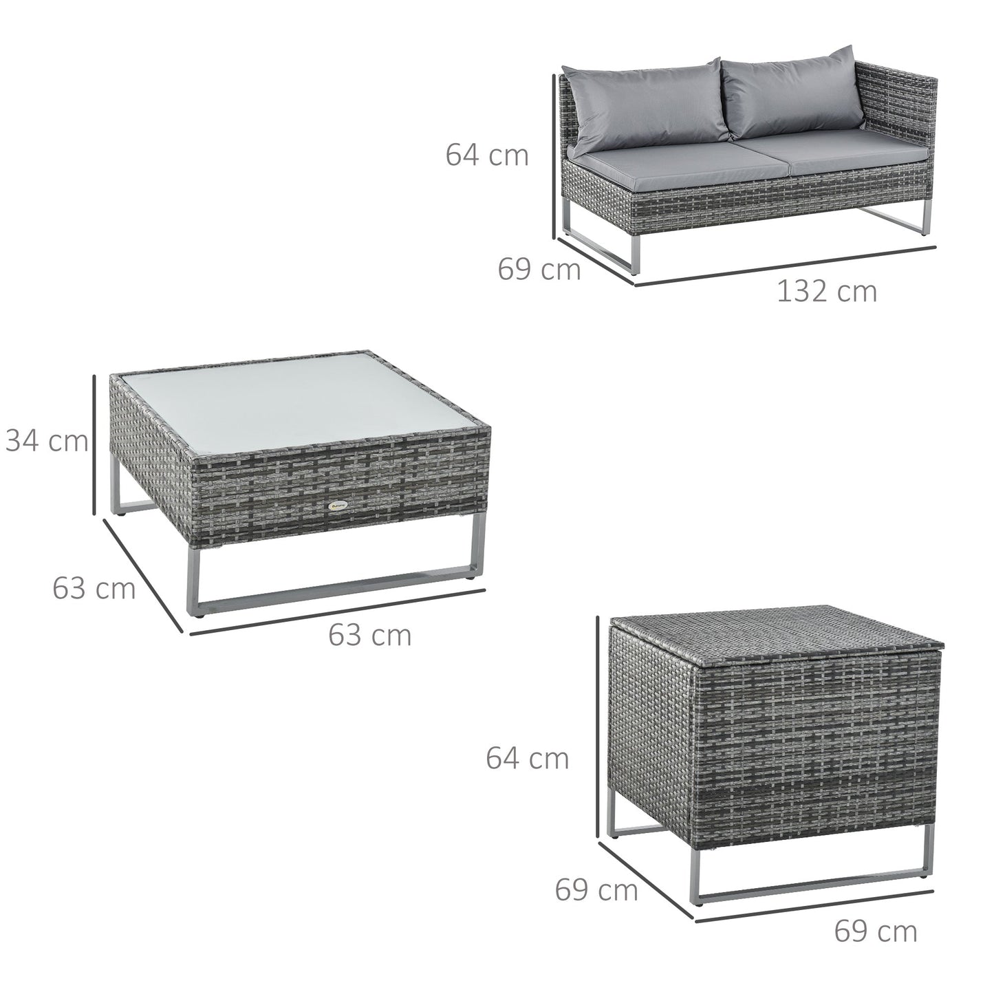 Garden Sofa Set : 4 Piece Garden Set with x2 Double Seater Sofas, Coffee Table and High Table, Steel and Rattan
