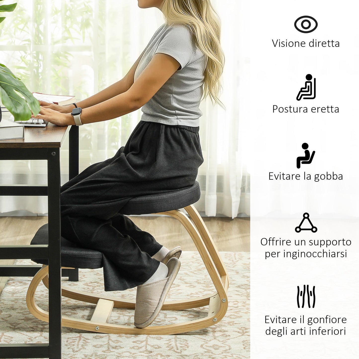 Kneeling Chair with Rocking Movement, in Linen Effect Fabric and Birch Wood, 50x73x55 cm, Black