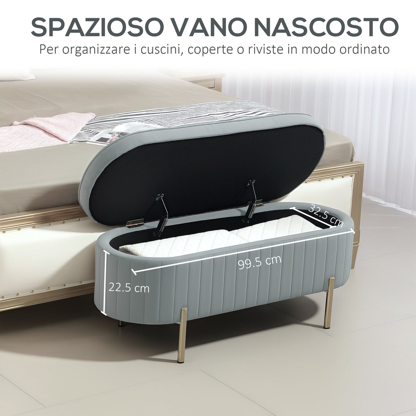 72L Oval Storage Bench with Lift-Top Lid, Velvet Fabric and Wood, 108x44x43.5 cm, Grey