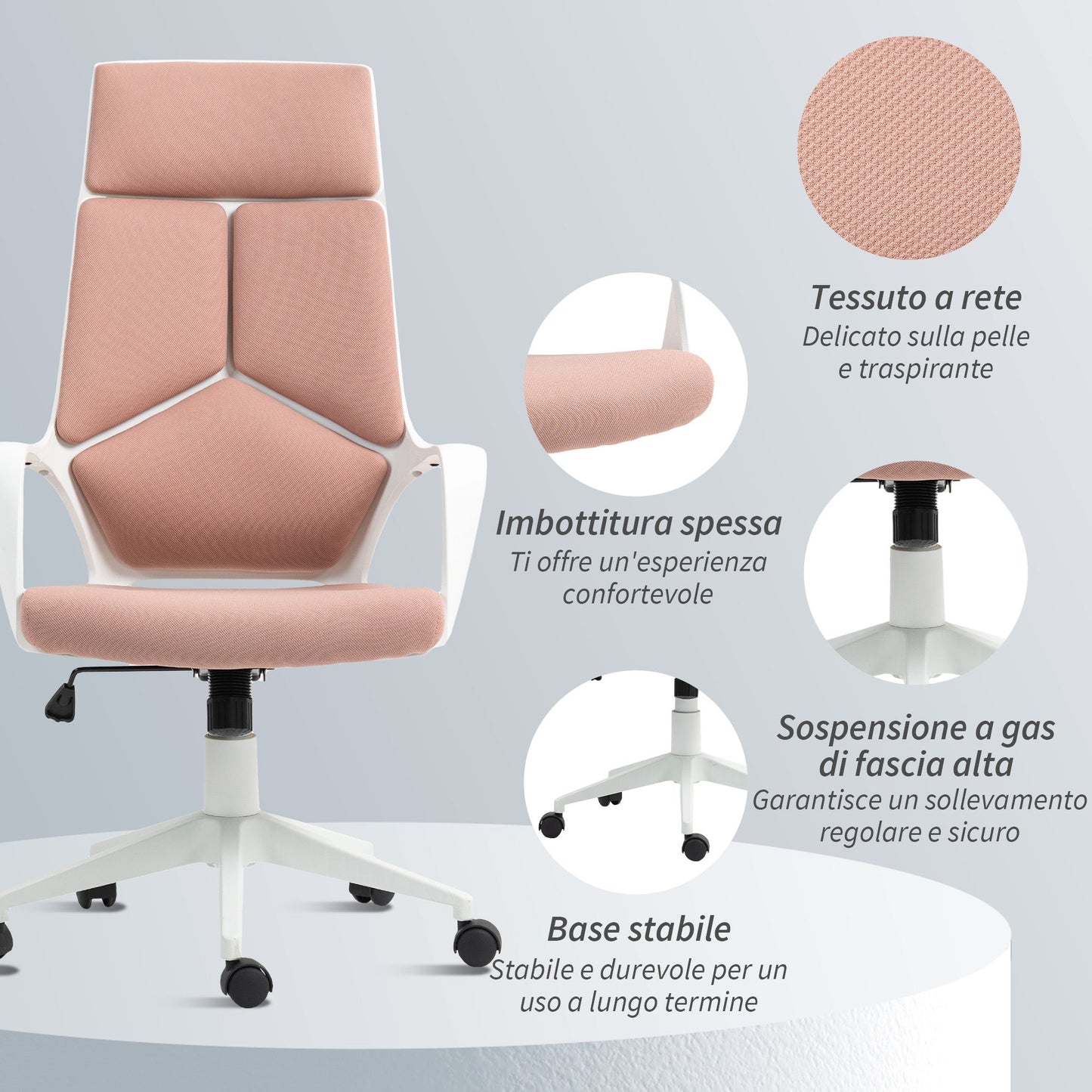 Fabric Office Chair with Rocking, Adjustable Height and Swivel Seat, 63x63x117-127 cm, Pink