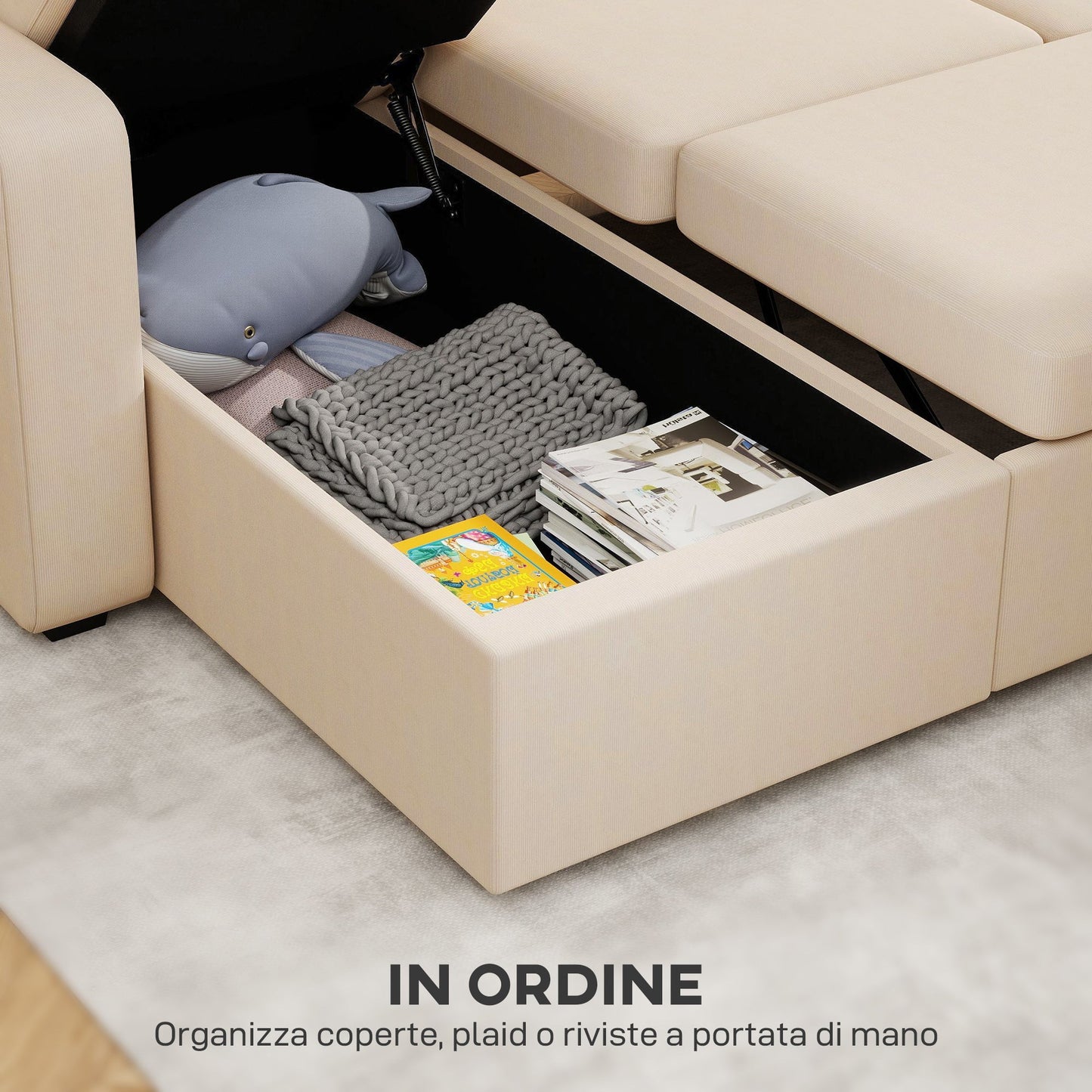 Corner Sofa Bed with Storage, Corduroy Upholstery and 2 Cushions, 205x135x76 cm, Beige