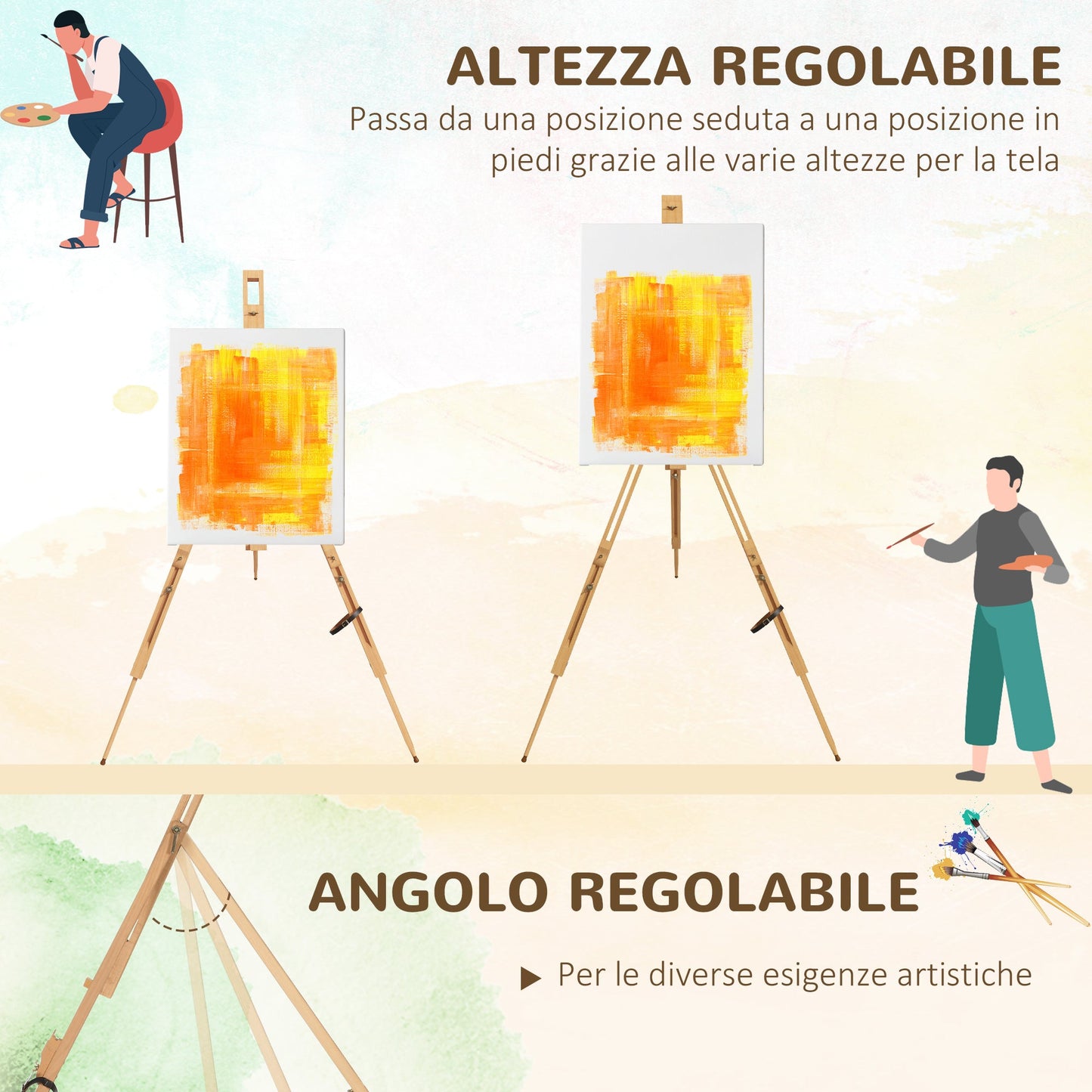 Space-Saving Beech Wood Painting Easel with Adjustable Height and Angle, 93x84x183 cm