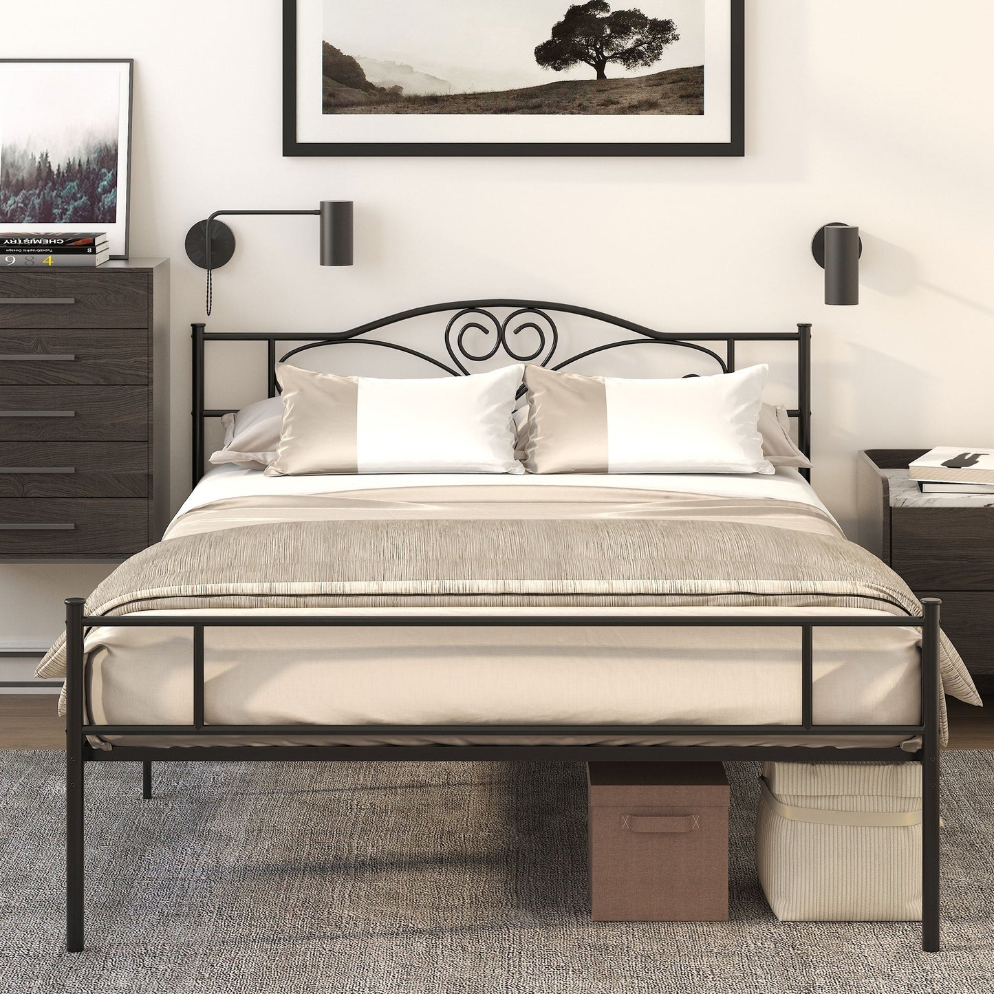 Queen Size Steel Bed Frame with Integrated Slats, Headboard and Footboard, 140x200cm
