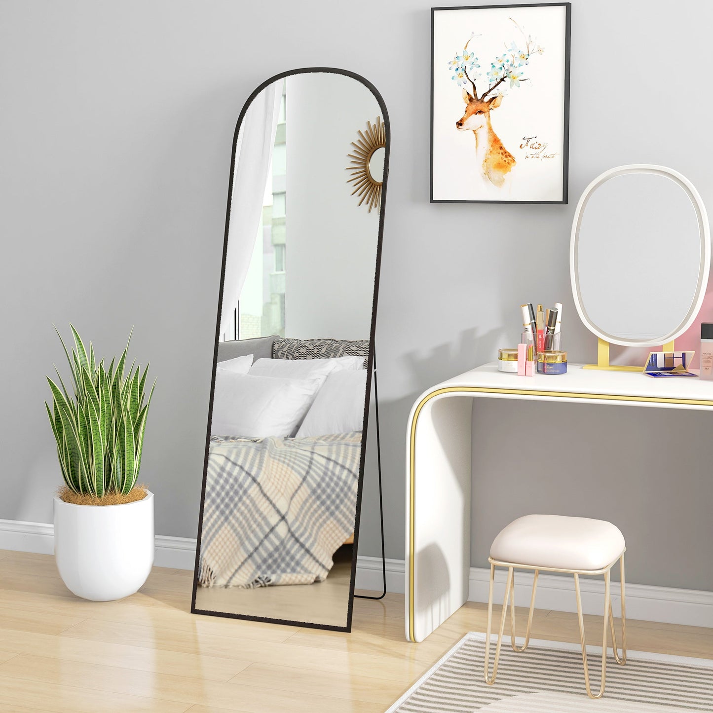 Modern Floor and Wall Mirror in Aluminum Alloy with Folding Stand, 50x161.5cm, Black