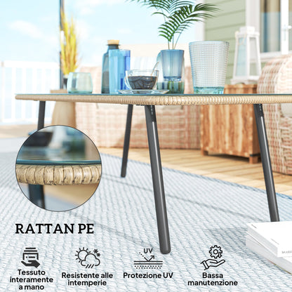 PE Rattan Garden Table with Glass and Steel Top, 110x60x40 cm, Natural Wood