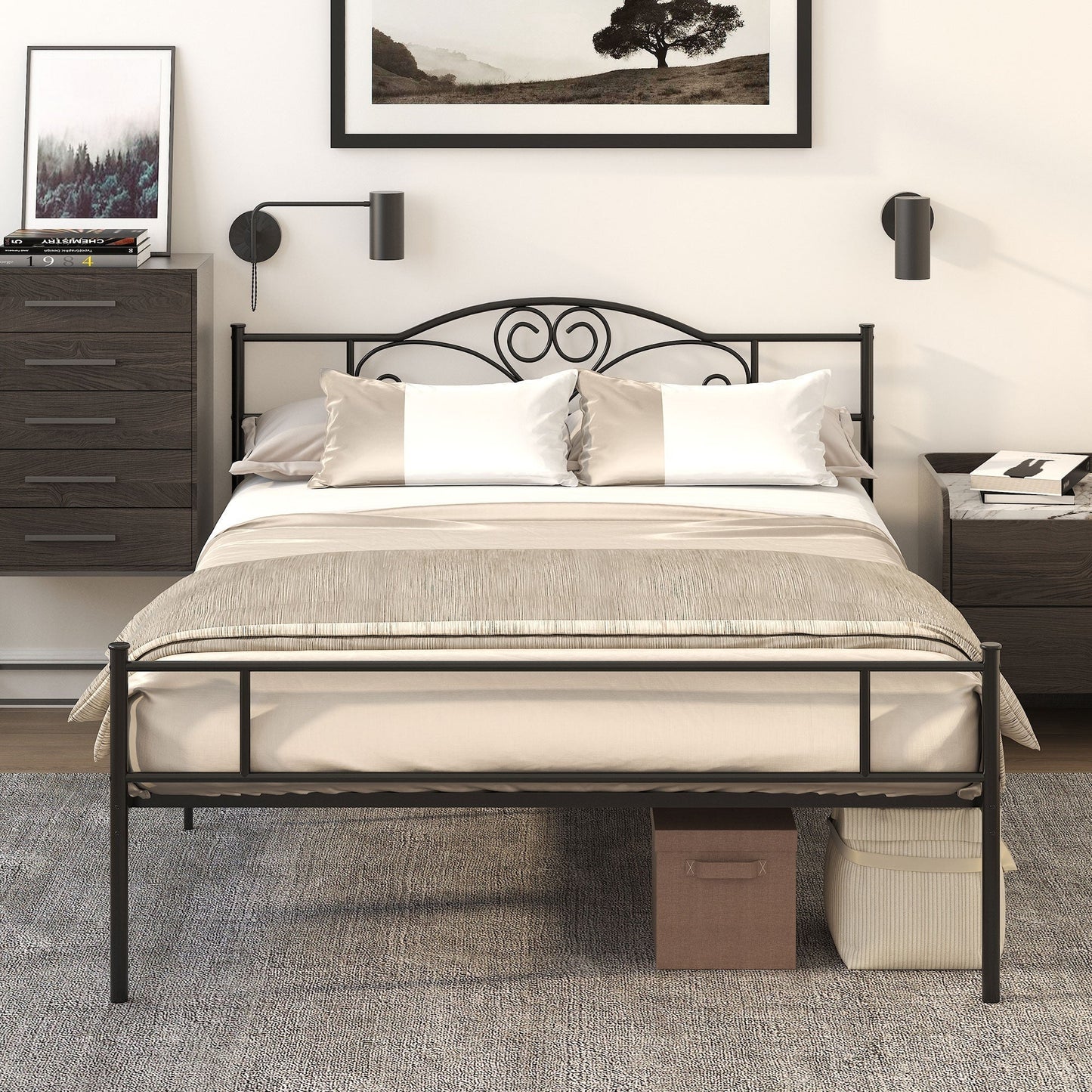 Double Bed Frame in Steel with Integrated Slats, Headboard and Footboard, 160x200cm